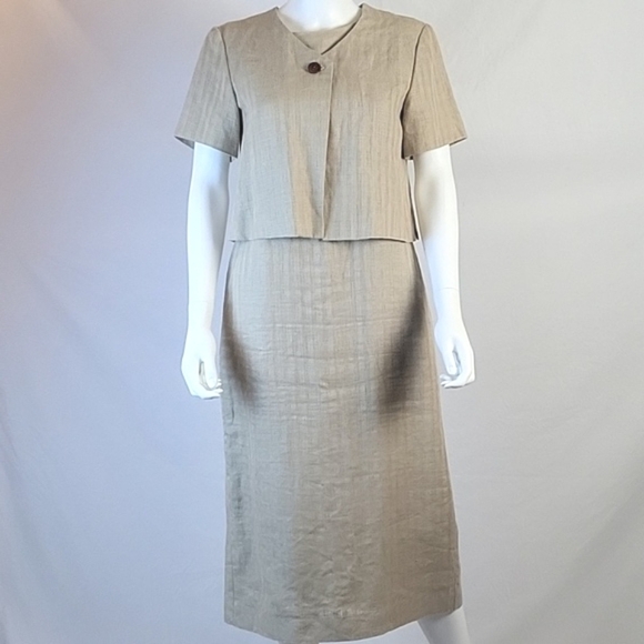 Vintage Talbots 100% Linen Tan 2 Piece Midi Dress & Cropped Jacket Set S… - Picture 1 of 16